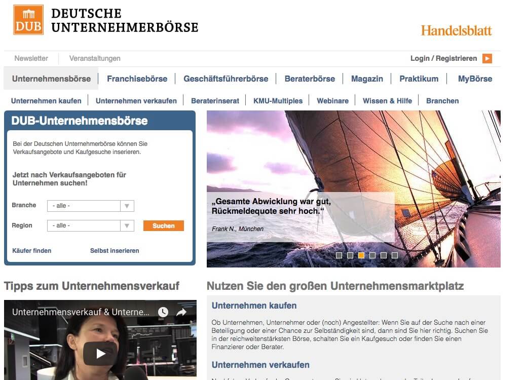 Startseite der DUB Verkaufsplattform für Unternehmen